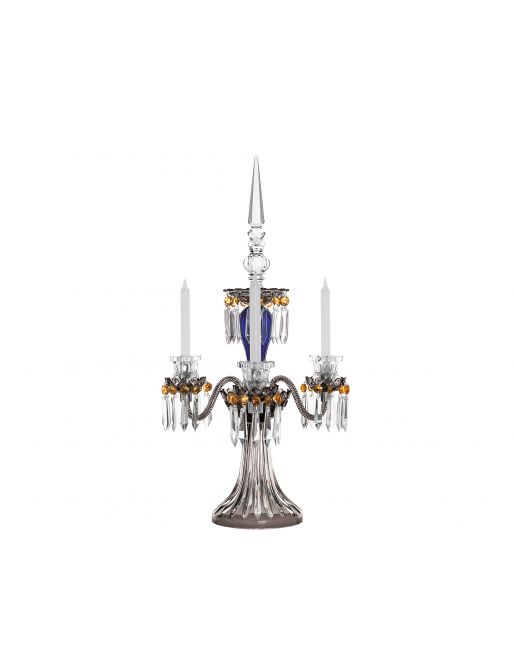 3-CANDLE DARK-BLUE BLACK FLANNEL-GREY CANDELABRA